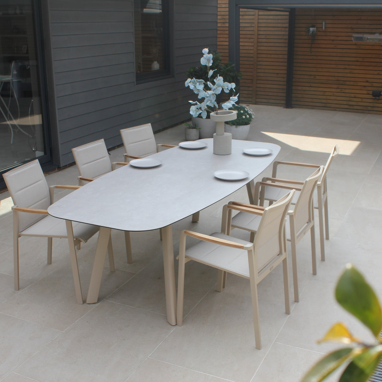 Cortina 6 Seat with Manolo 240cm Barrel Ceramic Dining Table