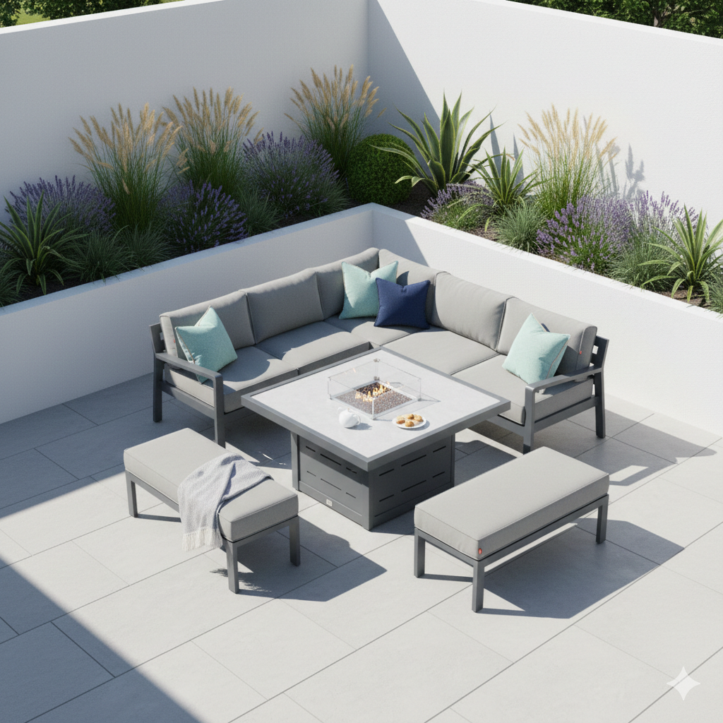 Tutbury - Fire Pit Table Corner Set Anthracite Grey - Grey Cushions