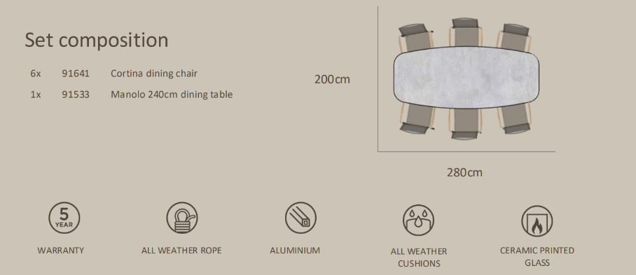 Cortina 6 Seat with Manolo 240cm Barrel Ceramic Dining Table