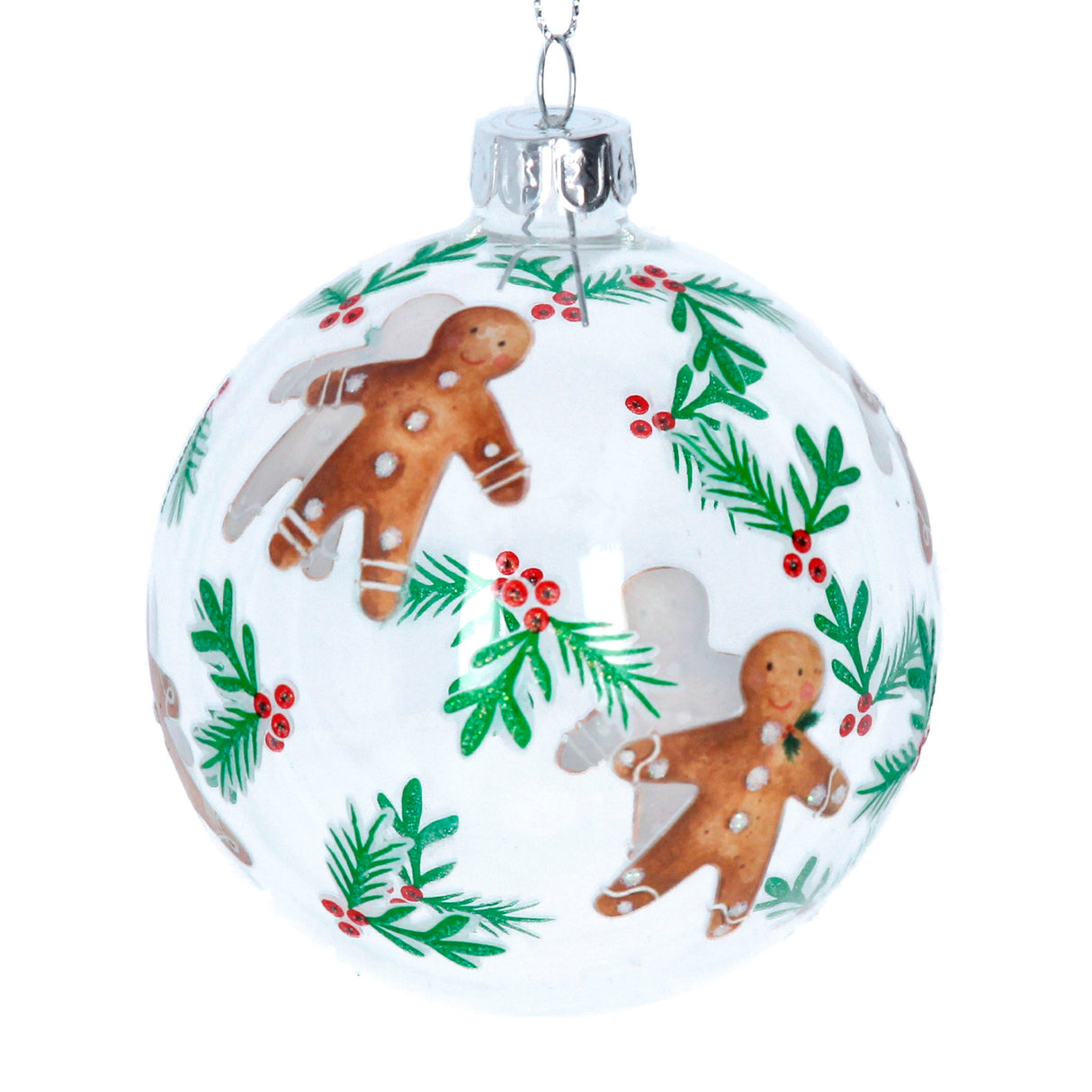 Clear Glass Ball w Painted Gingerbread Men/ Holly