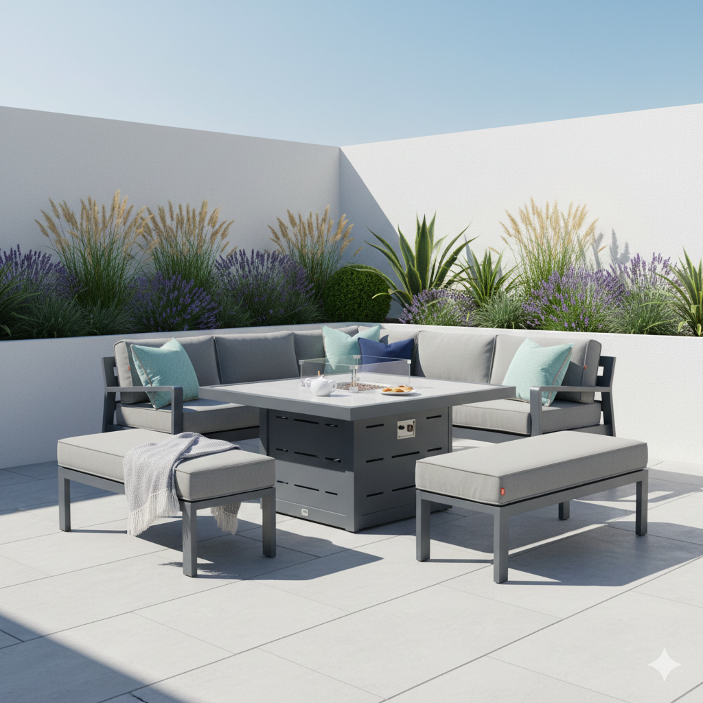 Tutbury - Fire Pit Table Corner Set Anthracite Grey - Grey Cushions