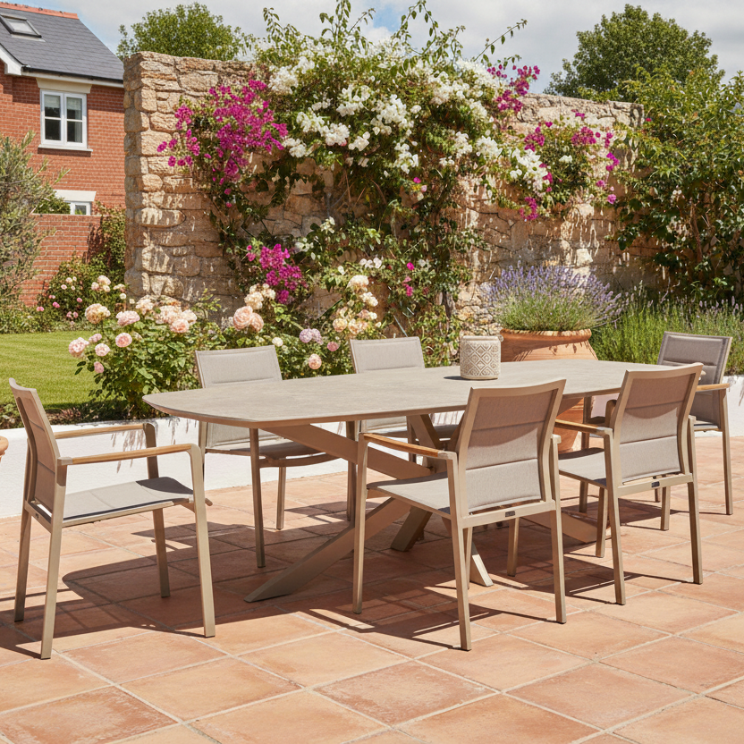 Cortina 6 Seat with Manolo 240cm Barrel Ceramic Dining Table