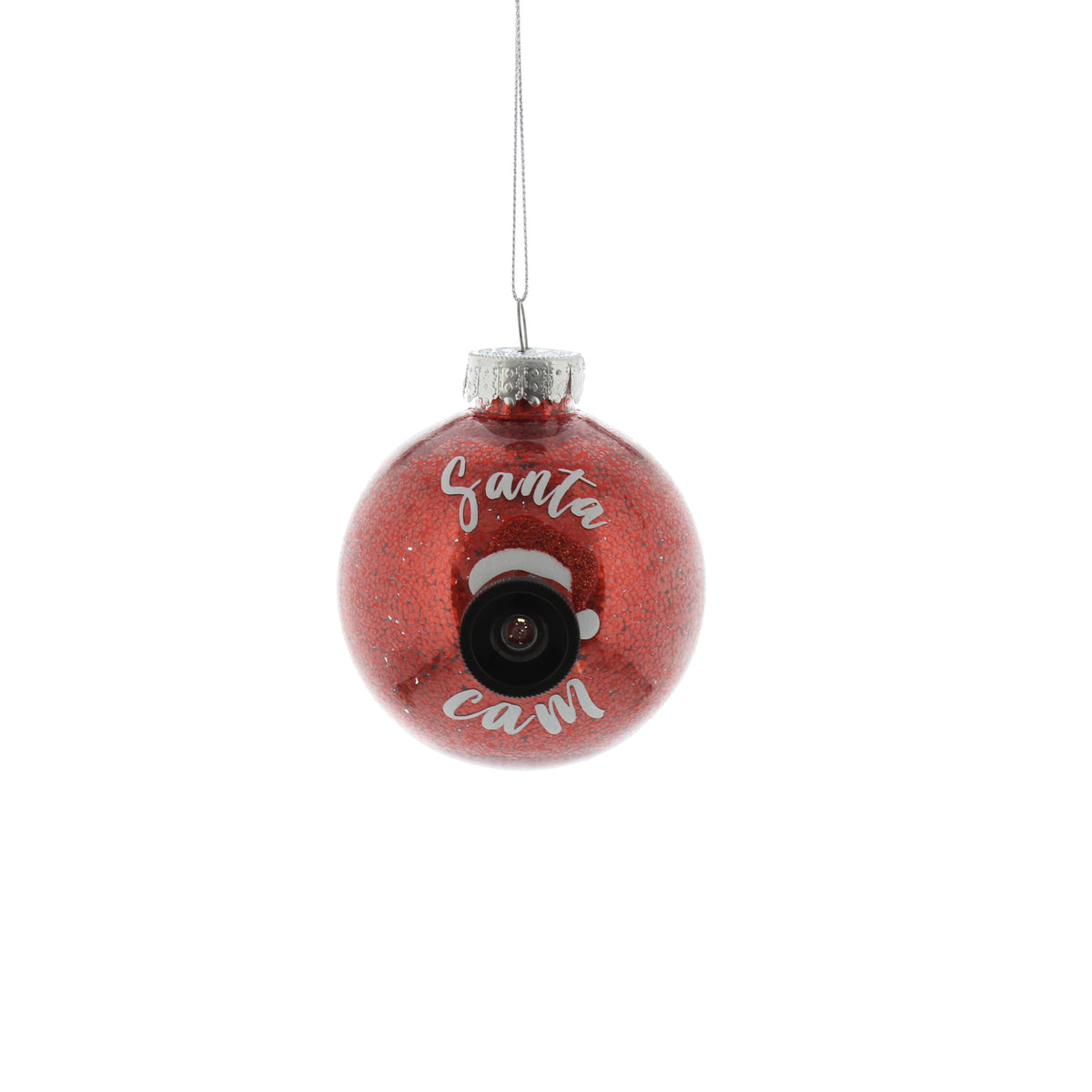 8cm clear red glitter santa cam bauble