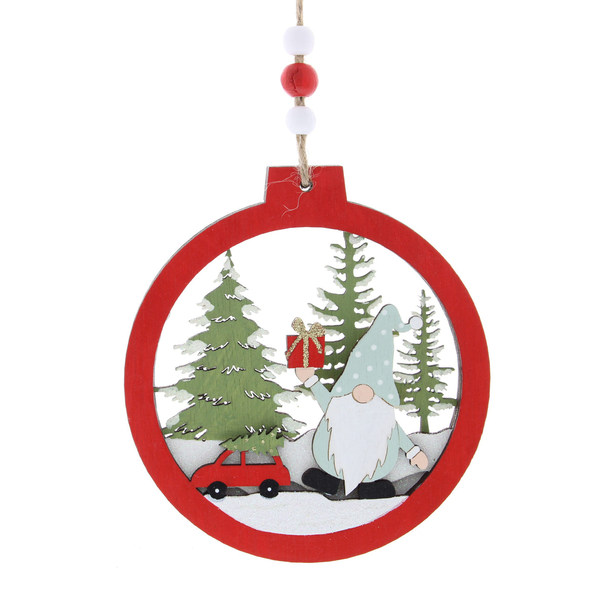 12cm hanging wood red disc-laser cut gonk scene