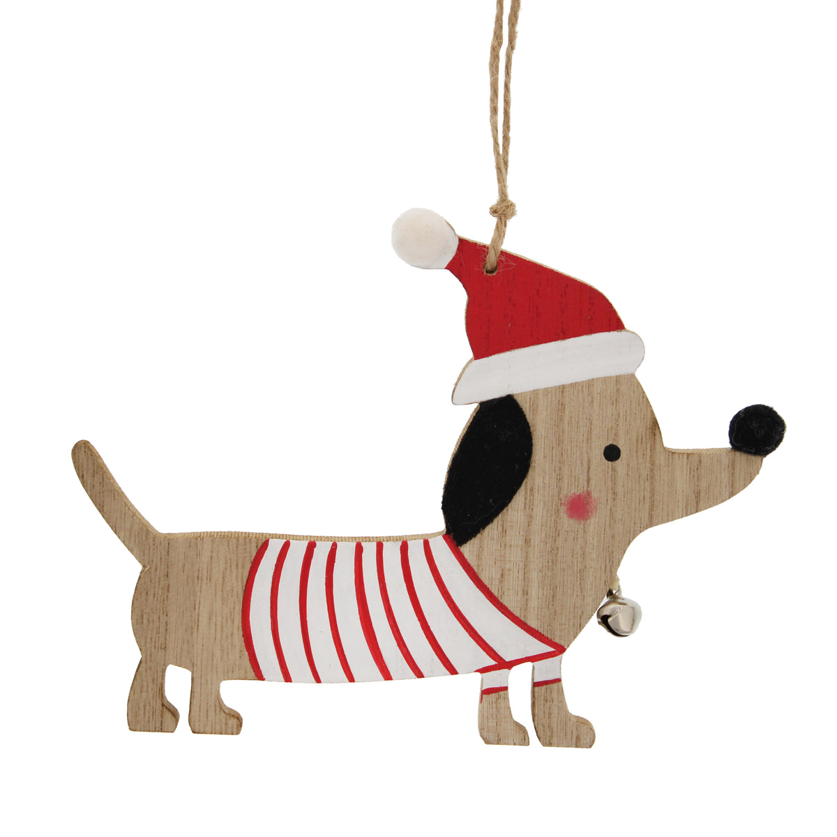 15cm hanging wooden dachshund-red santa hat