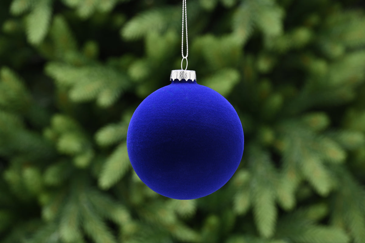 8cm navy blue flocked glass ball