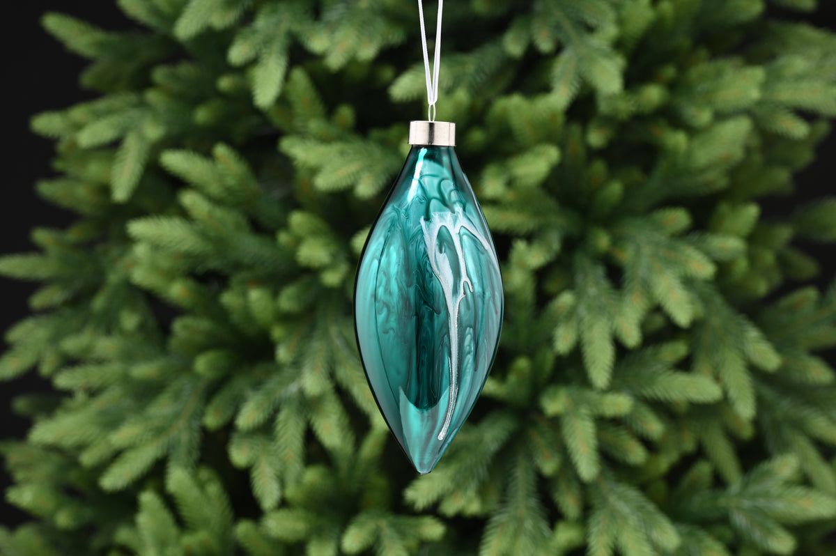 17cm shiny green/gold glass teardrop-petrol effect