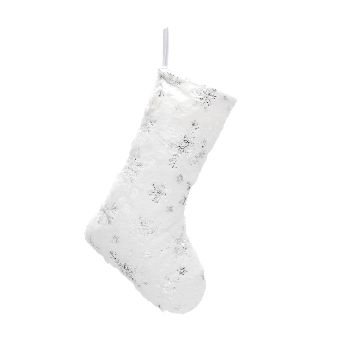 45cm white plush stocking with silver snowflakes