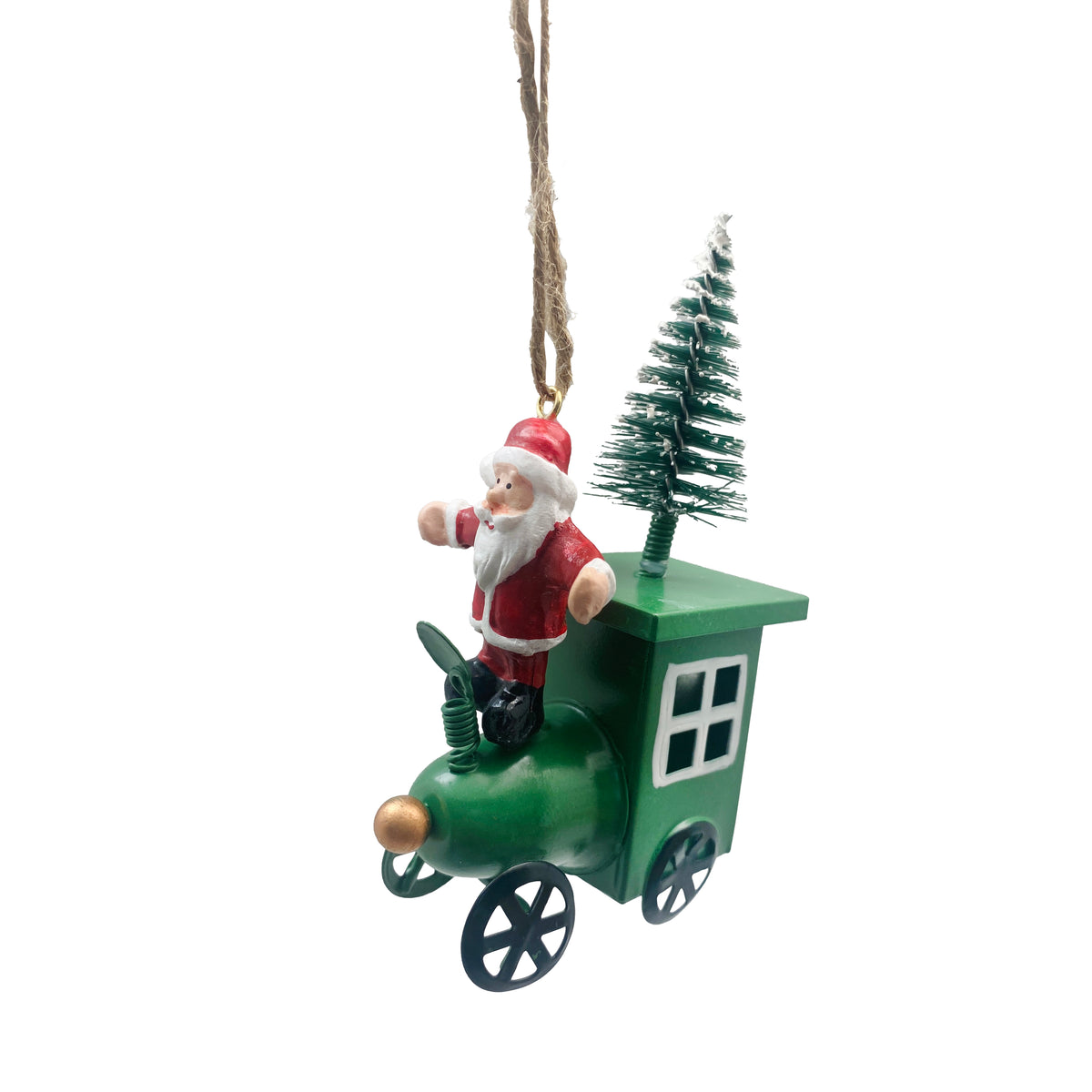13cm hanging santa on green metal train