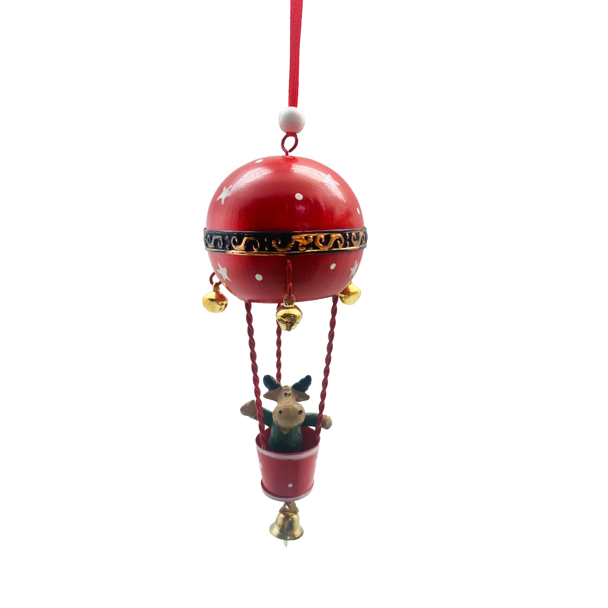 17cm hanging reindeer in red metal hot air balloon