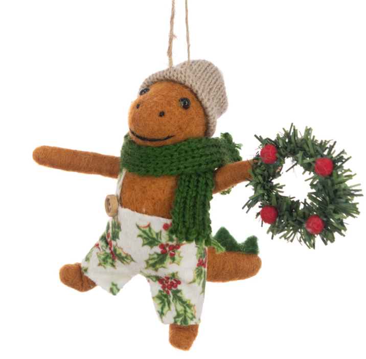 Felt Dino In Holly Dungarees