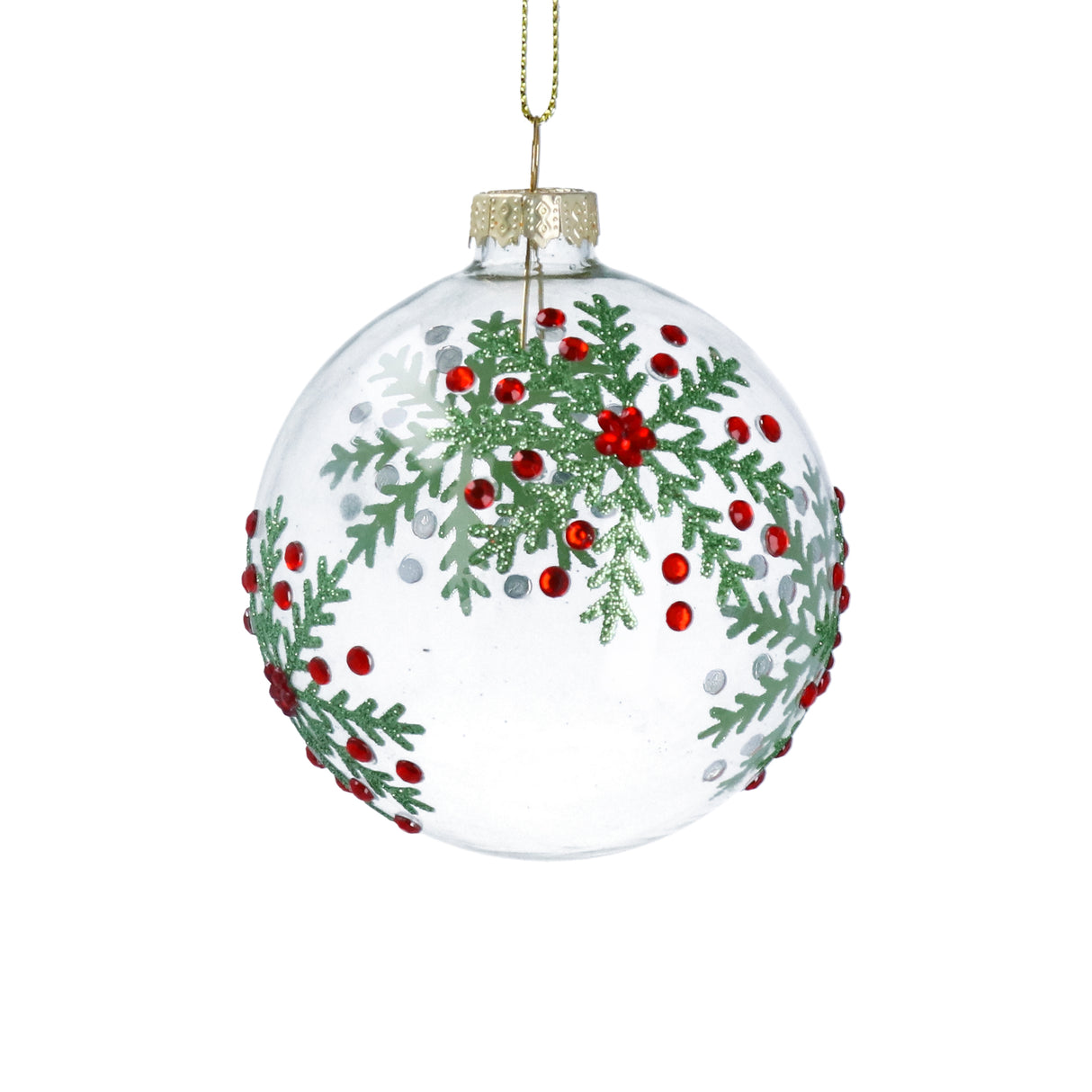 Clear Glass Ball w Sparkling Holly Snowflakes