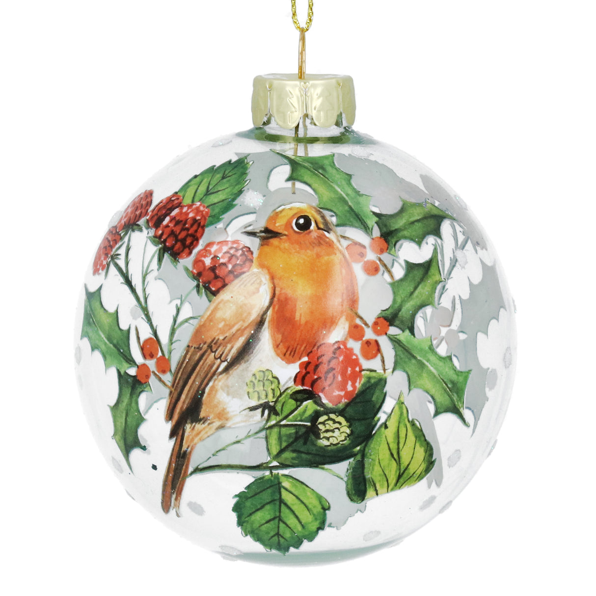 Clear Glass Ball w Robin/Fruit