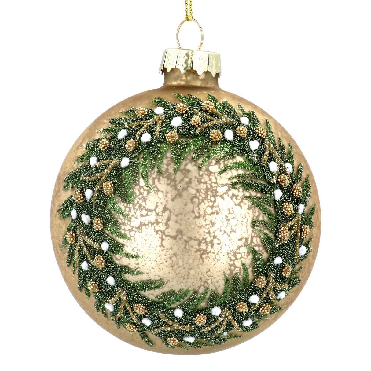 Antique Gold Glass Ball w Green Beaded Wreath