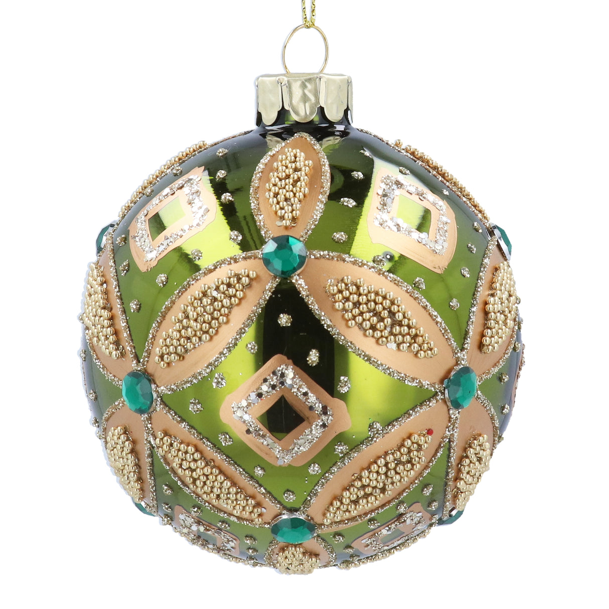 Green/Gold Beaded Trellis w Jewel Glass Ball