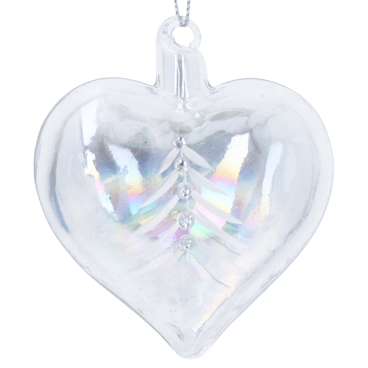 Clear/Iridescent Glass Heart w Etched Tree Dec