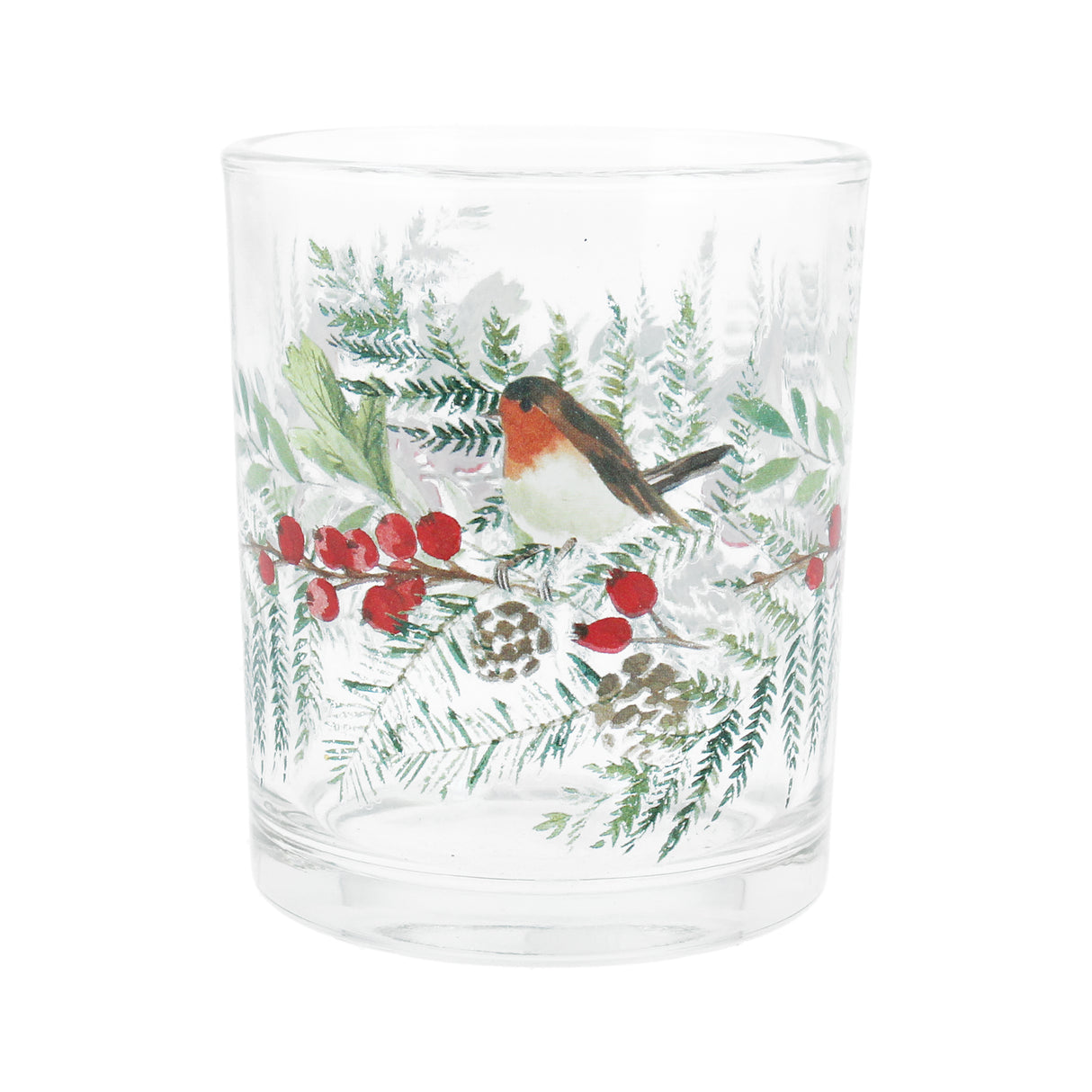 Robin on Fir/Berry Band Glass Nite Lite Pot Mi