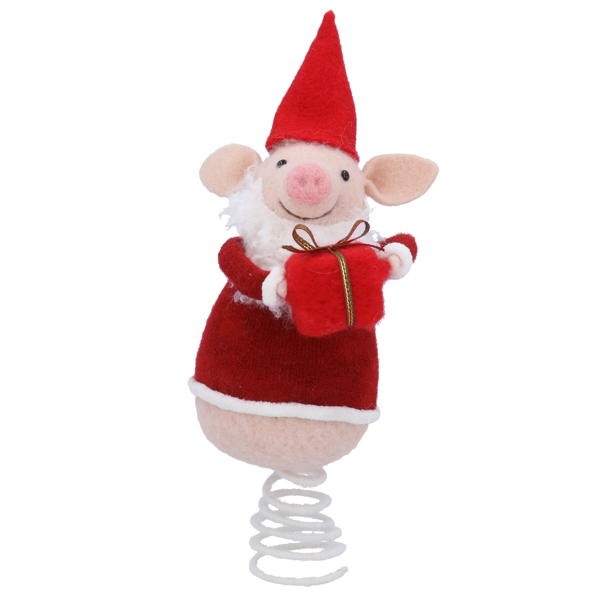 Mixed Wool Pig w Santa Outfit Tree Topper